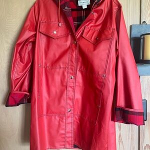 1980’s Vintage  Red Vinyl Rain Coat with Plaid Interior Ladies Size M